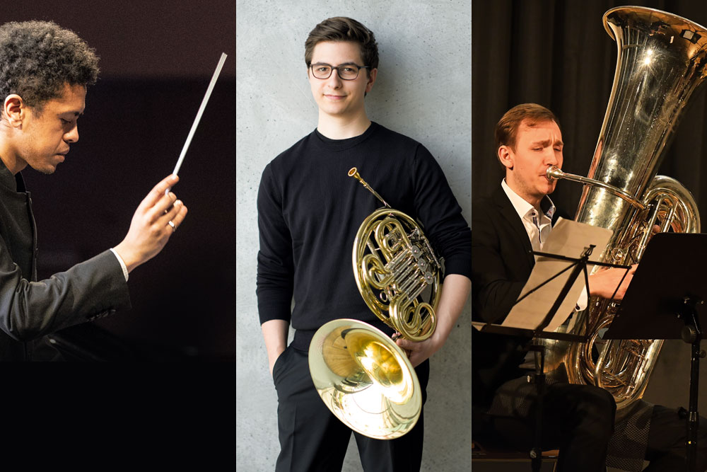 Collage aus Dirigent Akim Camara (Leitung) Tillmann Höfs (Horn) und Jannik Schmidt (Tuba)